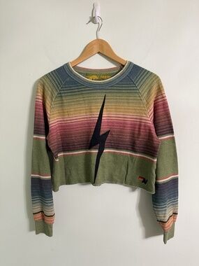 Aviator Nation Tulum Serape Aztec Bolt Stitch Cropped Crew Sweatshirt Size Small
